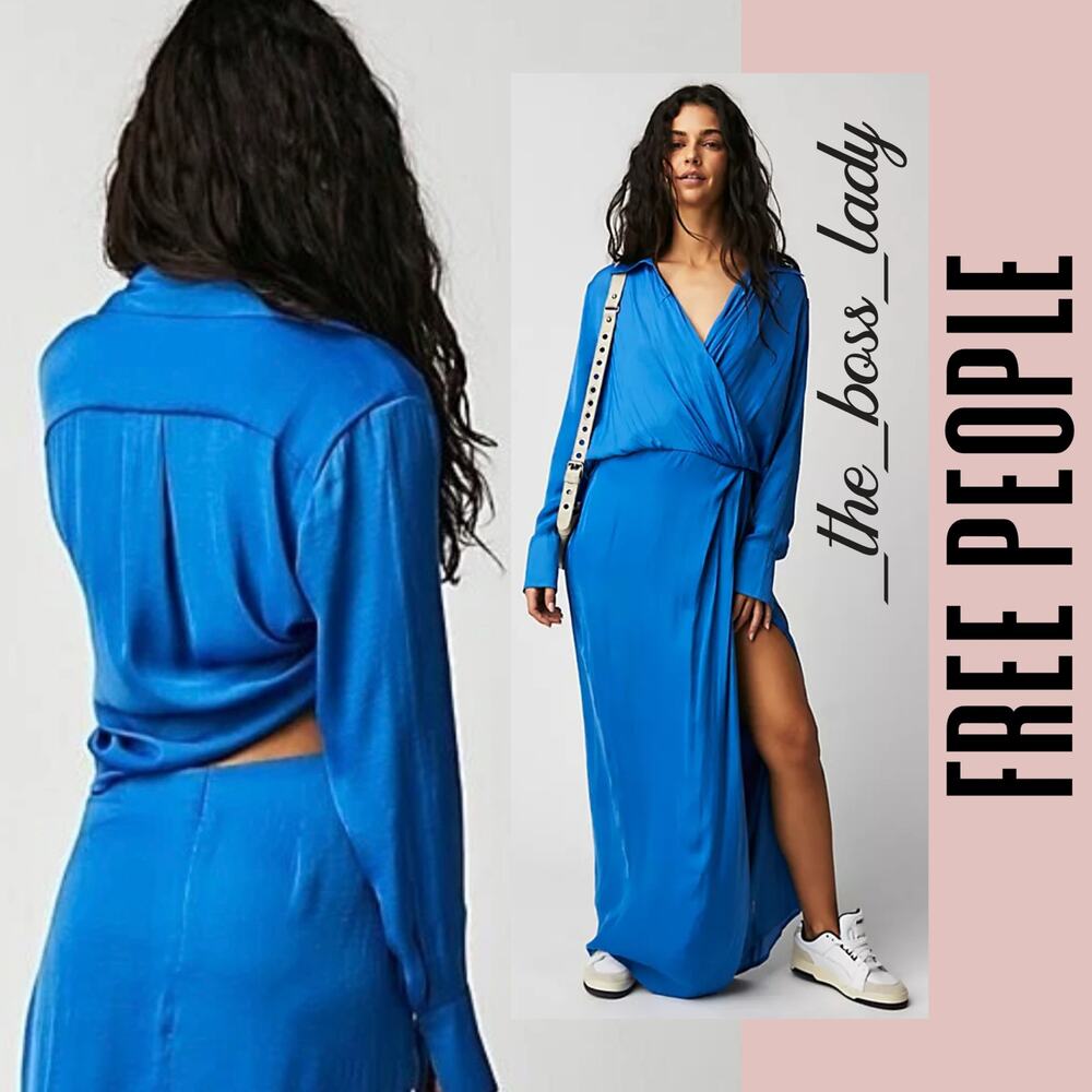 Free People maxi dress satin wrap collared long sleeve 4